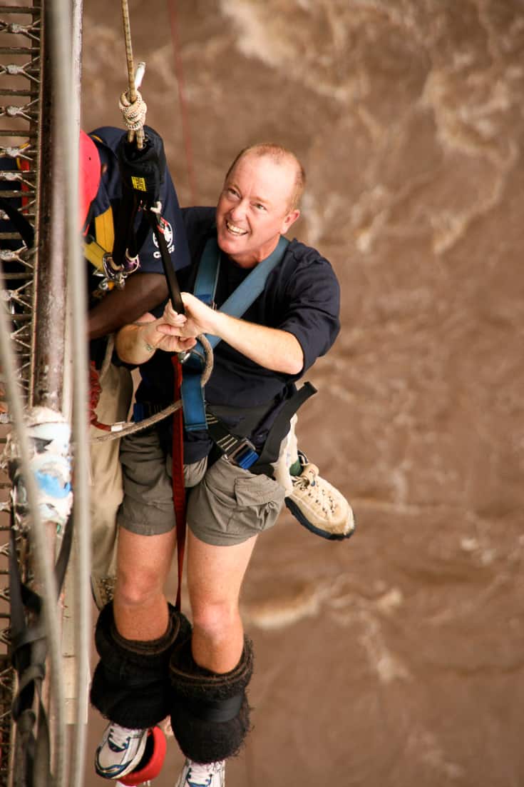 old guy bungee jumping at Victoria Falls