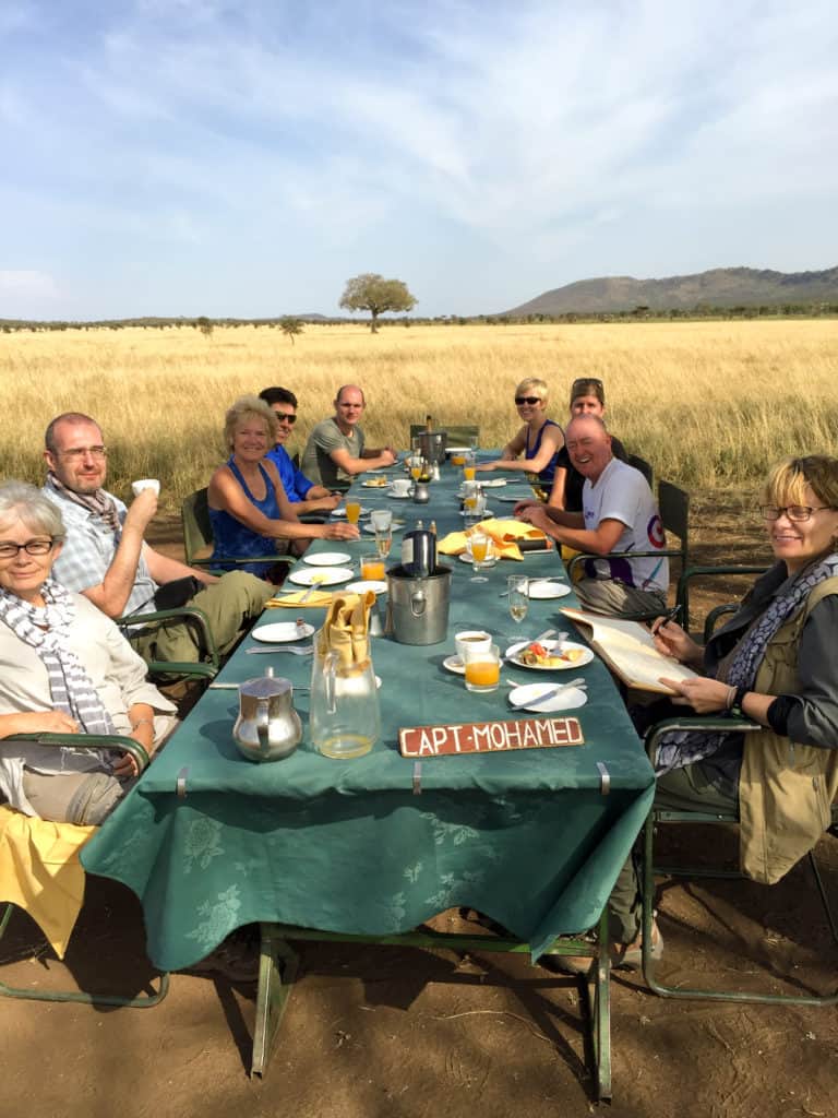 Enjoying breakfast on the Serengeti plains after our hot air balloon safari in Africa