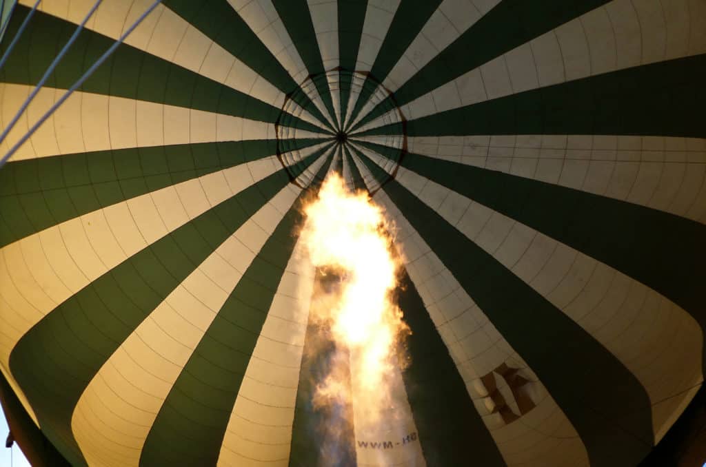 The inside of the hot air balloon as we began to rise over the Serengeti plains in Africa on our balloon safari