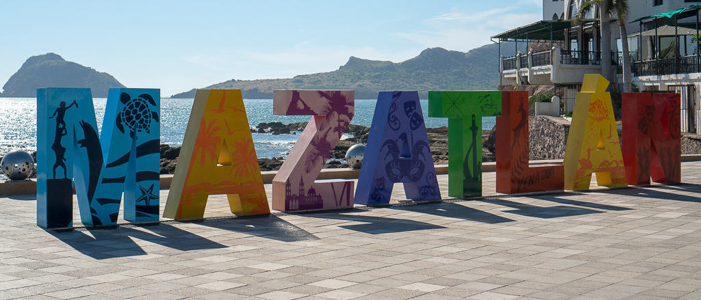Mazatlan Mexico sign on the Malecon Pacific Ocean in the background