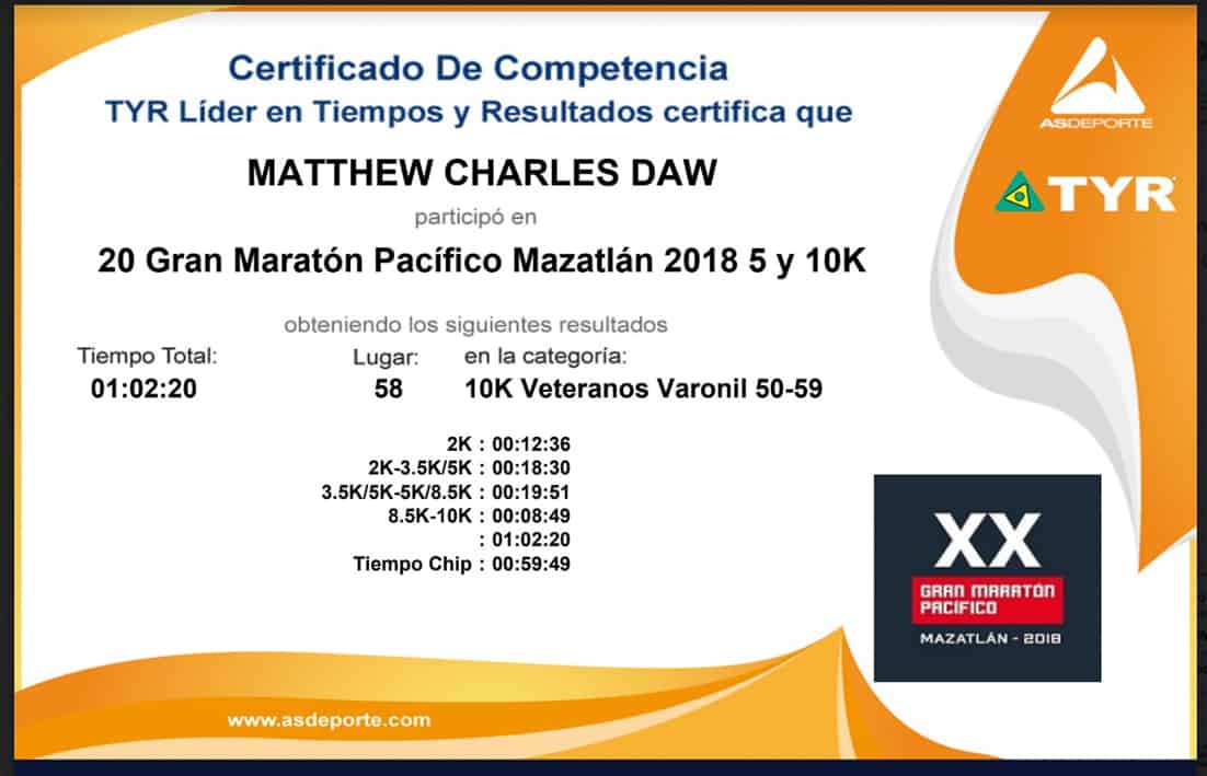 Mazatlan Marathon Finishers Certificate